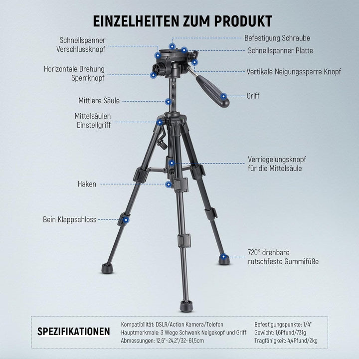 NEEWER Basic Mini Tischstativ für iPhone & Kamera mit 3 Wege Schwenk Neigekopf, Griff & Fernbedienun