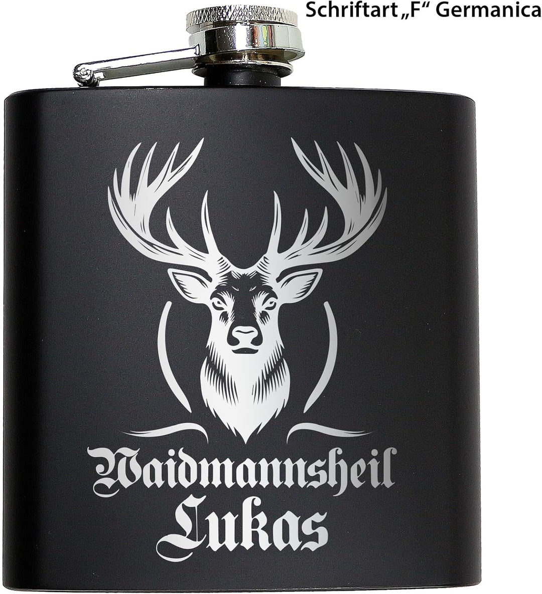 Jäger Geschenk Flachmann Hirsch mit Gravur Flachmann Jäger Geschenkidee Männer Schwarz, Schwarz