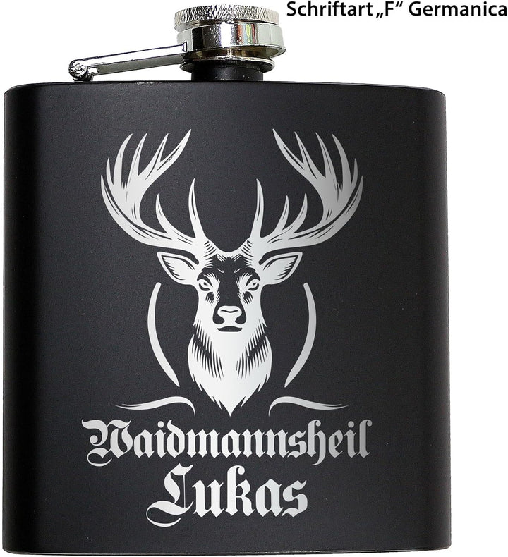 Jäger Geschenk Flachmann Hirsch mit Gravur Flachmann Jäger Geschenkidee Männer Schwarz, Schwarz