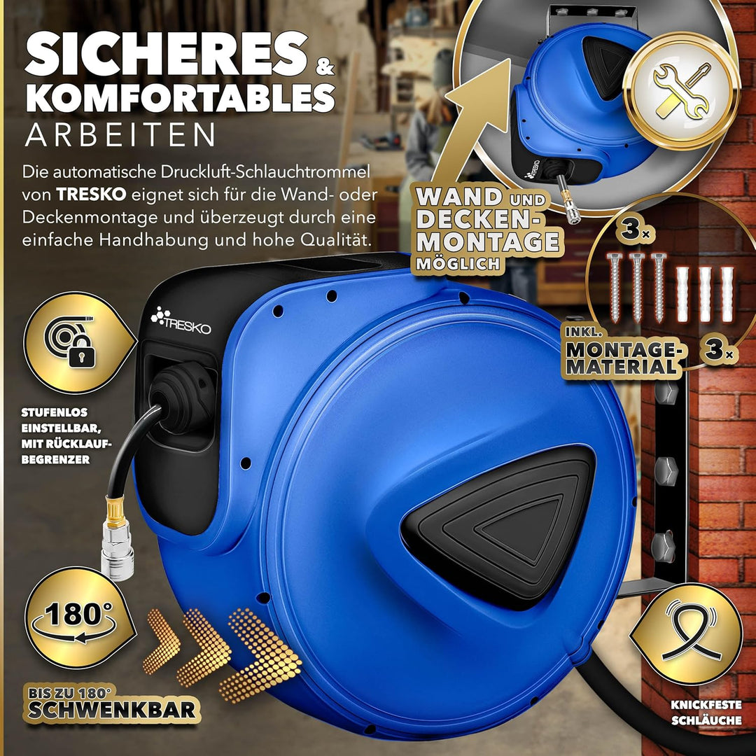 TRESKO® 20m Druckluftschlauch Aufroller automatisch 1/4" Anschluss | Schlauchtrommel Wandschlauchhal