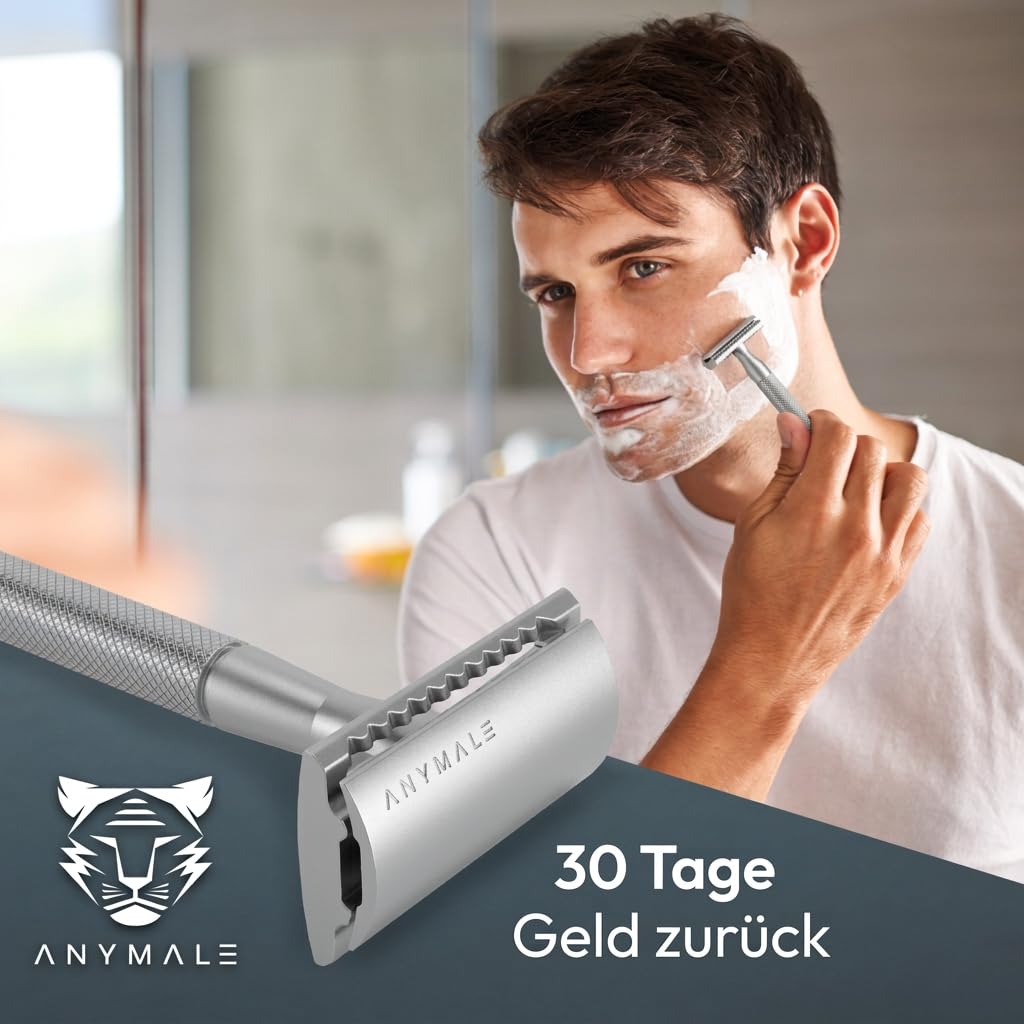 Rasierhobel Silver Edition - Set mit Ständer und 5 ASTRA Klingen - Zero Waste Rasierer aus Metall 4.