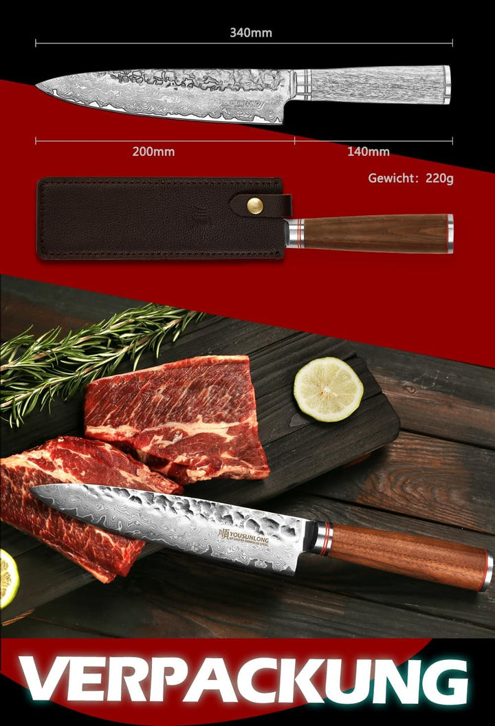 YOUSUNLONG Kochmesser - Japanisch gehämmerte Damaststahlklinge 203mm - Hochwertiges Profi Kochmesser