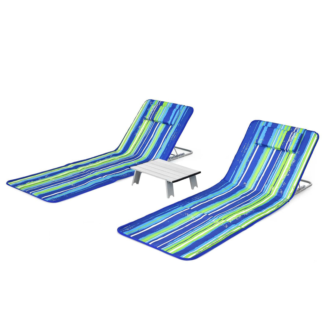 COSTWAY 2er Set Strandmatte mit Beistelltisch, Kopfkissen & Staufach, Liegematte mit Verstellbarer R