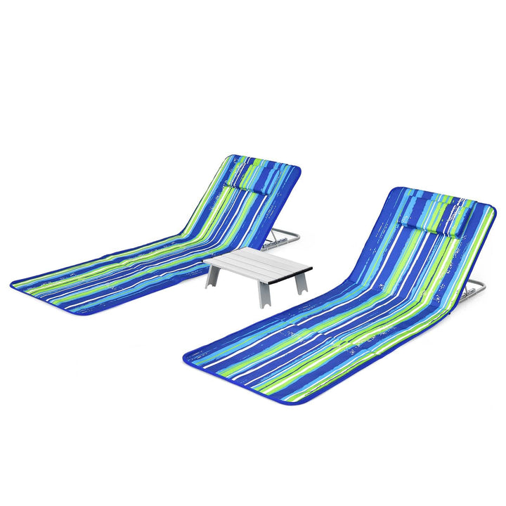 COSTWAY 2er Set Strandmatte mit Beistelltisch, Kopfkissen & Staufach, Liegematte mit Verstellbarer R