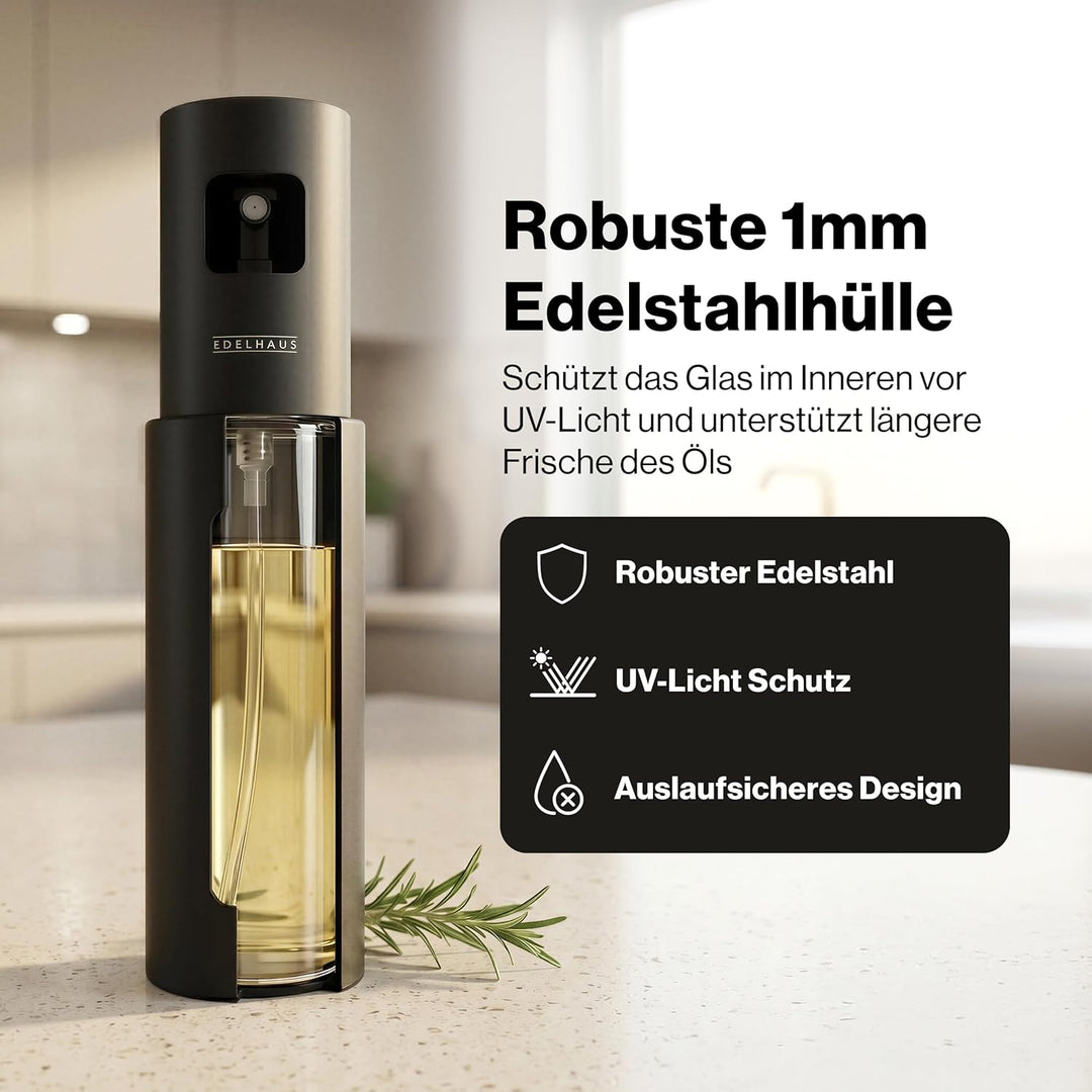 EDELHAUS Edelstahl Ölsprüher - Hochwertige Öl-Sprühflasche aus Edelstahl &amp; Glas, für gesundes Kochen