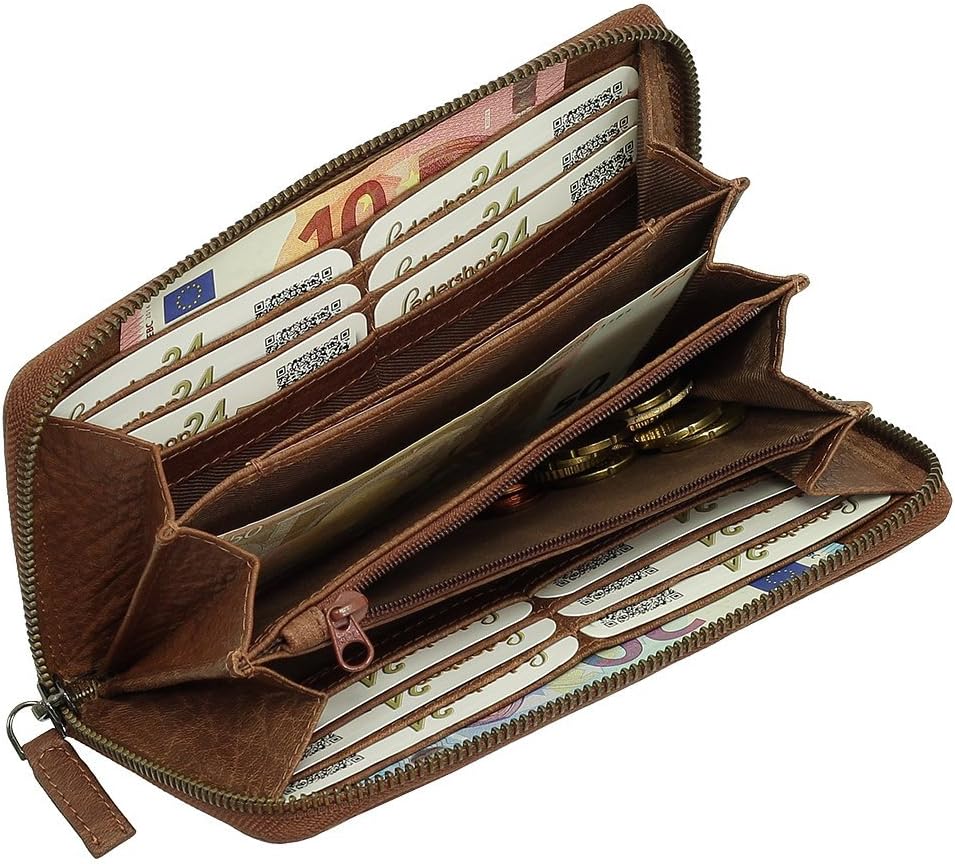 Luxus Leder Damen Geldbörse Portemonnaie Geldbeutel Langbörse XXL Farbe Cognac, Cognac