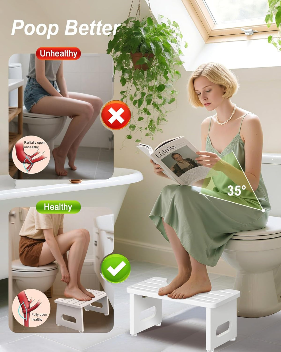 YOSE Toilettenhocker Erwachsene - Klappbar &amp; Massiv, 35° Ergonomischer Kackhocker aus Premium Bambus