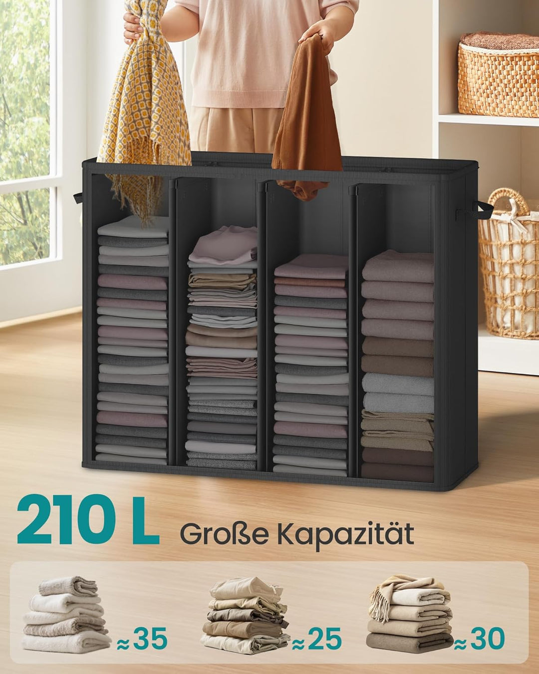 SONGMICS Wäschekorb mit 4 Fächern, 210 L, mit Deckel, 5 Etiketten, herausnehmbarer und waschbarer In