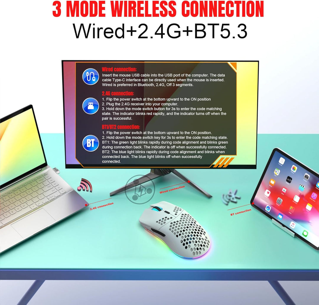 CROSS ZEBRA T66 PC Gaming Mouse, BT/2.4G Wireless/Wired, Lightweight Honeycomb Shell, Macro Program,