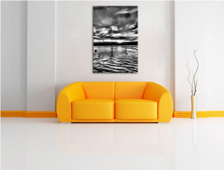 Pixxprint Schwäne im Sonnenuntergang / 100x70cm Leinwandbild bespannt auf Holzrahmen/Wandbild Kunstd