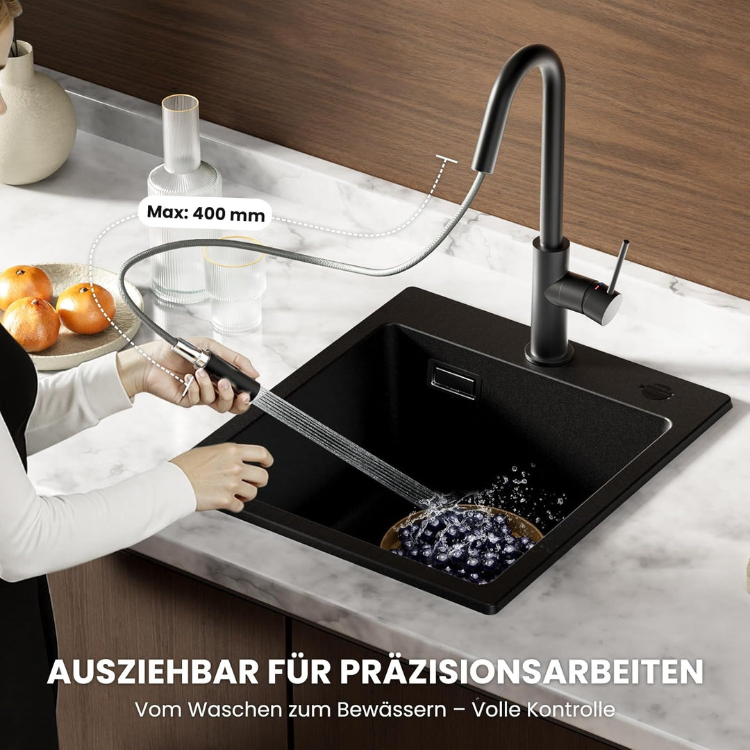 CECIPA Wasserhahn Küche Schwarz, Hochdruck Küchenarmatur mit Brause Ausziehbar, V-förmiger Armatur E