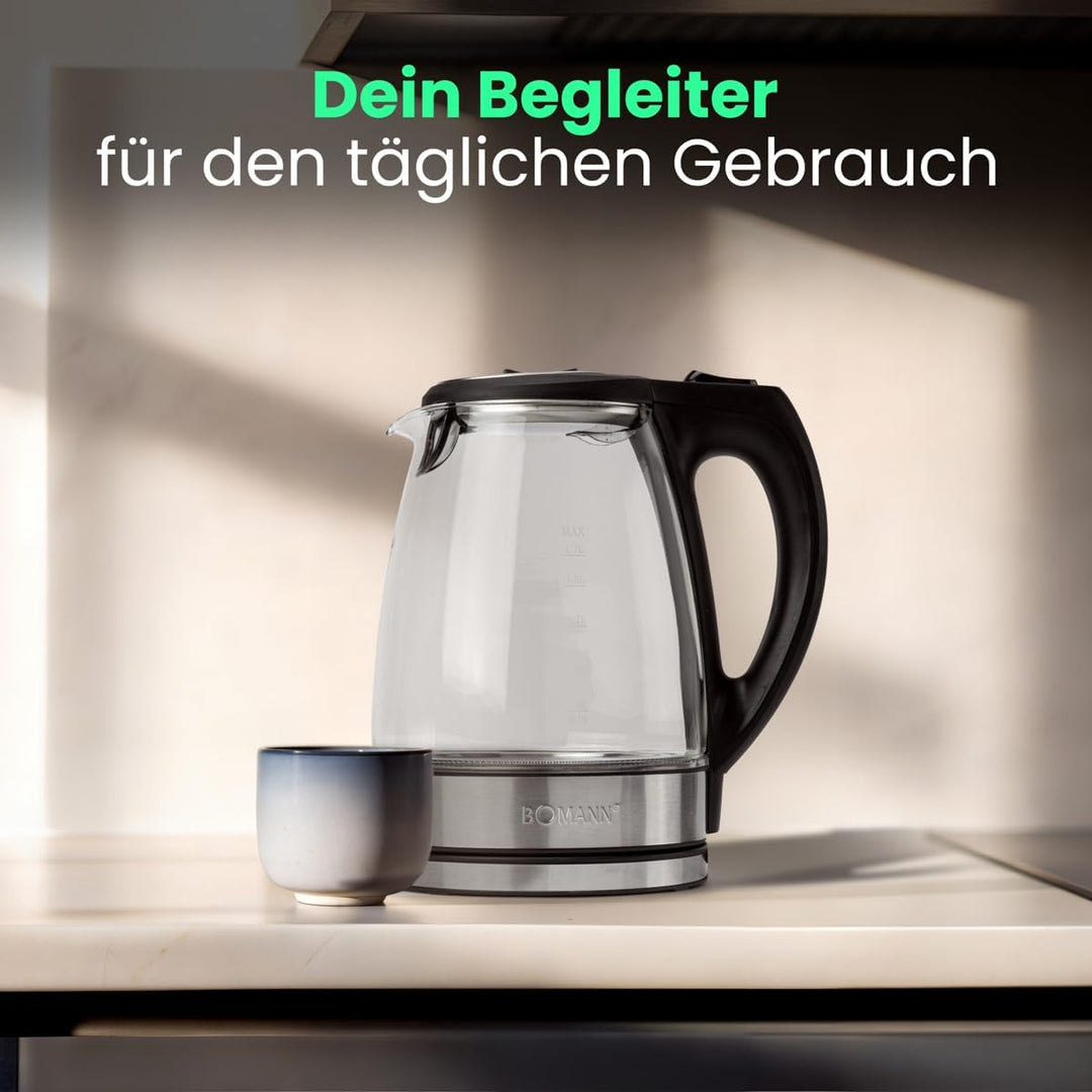 Bomann® Wasserkocher Edelstahl 1,7 Liter | BPA frei | Glaswasserkocher | 2200W | Sicherheitsglas | W
