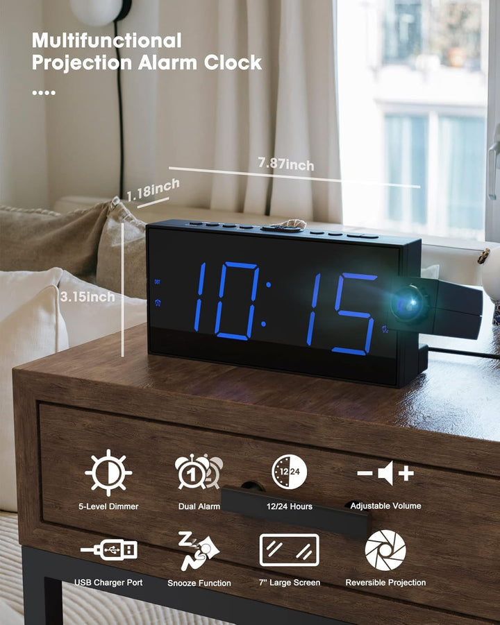 ROCAM Wecker mit Projektion, Projektionswecker mit USB Ladegerät, Batterie-Backup, 350°Projektor &amp; D