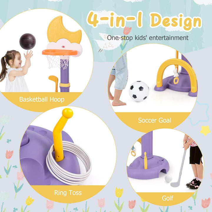 HOMASIS 4 in 1 Kinder Basketballkorb Set, multifunktional Basketballständer mit Fussballtor & Golf &