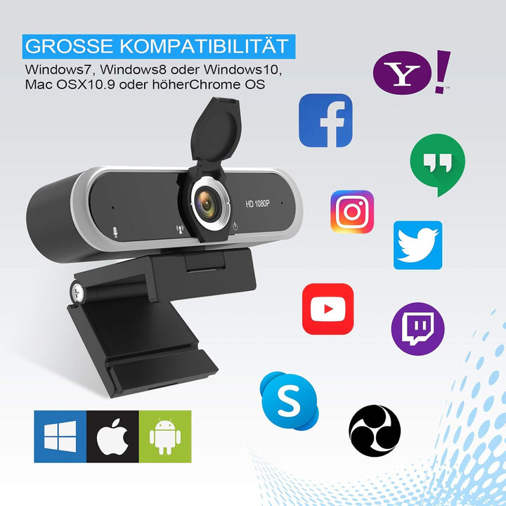 Webcam 1080P mit Mikrofon und Webcam Abdeckung, Stativ, Plug & Play, mit automatischer Lichtkorrektu