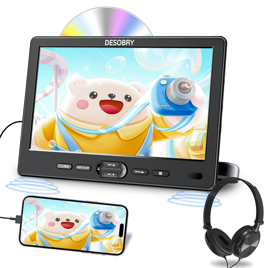 DESOBRY 10,5 Zoll Auto DVD Player mit Kopfstützenhalterung, tragbarer DVD-Player für Auto mit Kopfhö
