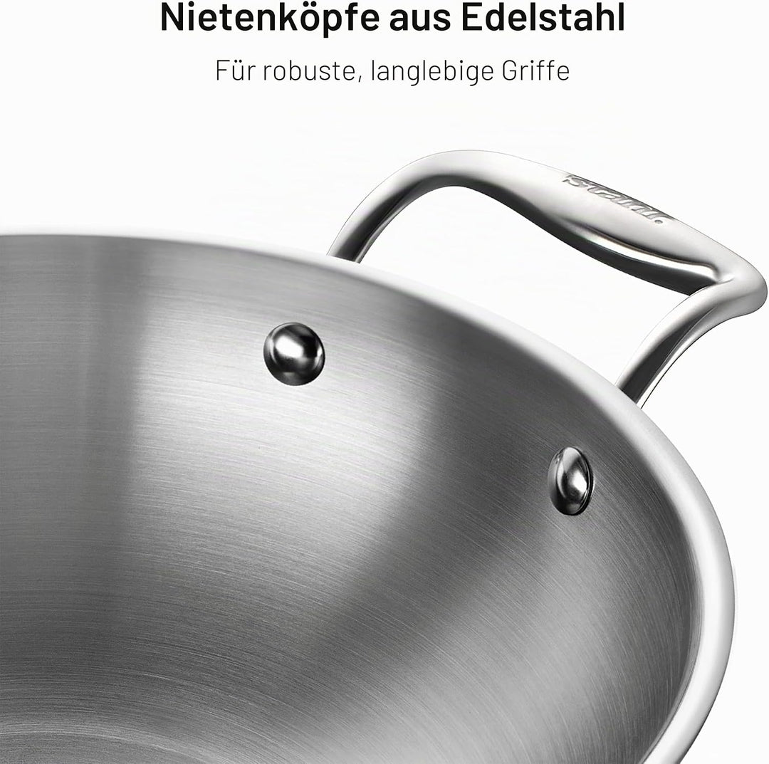 Stahl Edelstahl Triply Wok mit Deckel | Edelstahl-Kochgeschirr Triply Wok | Gas- & Induktionsboden |