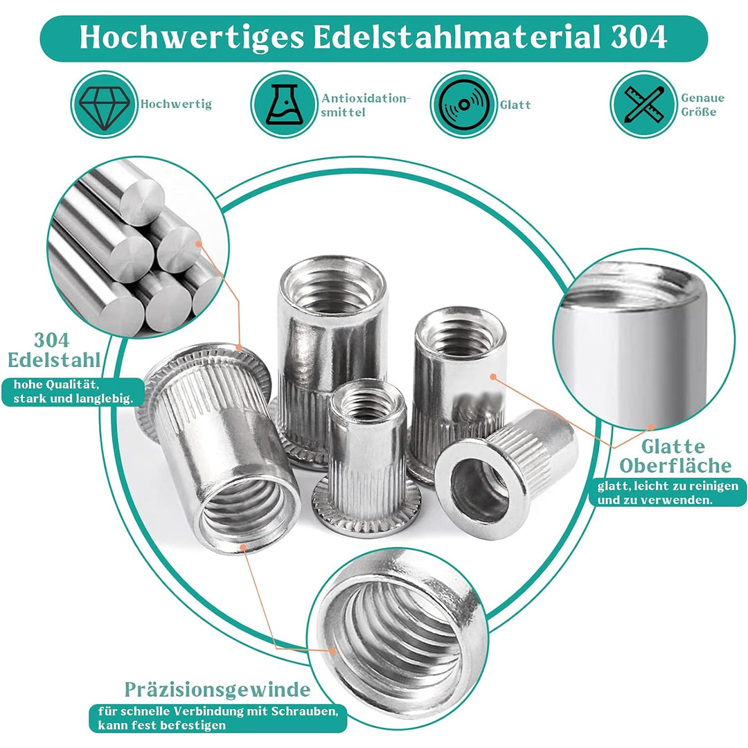 Jayzuum 235 Stück Nietmuttern Sortiment Set, M3 M4 M5 M6 M8 M10 A2-70 Edelstahl Zugnietmutter Rivet