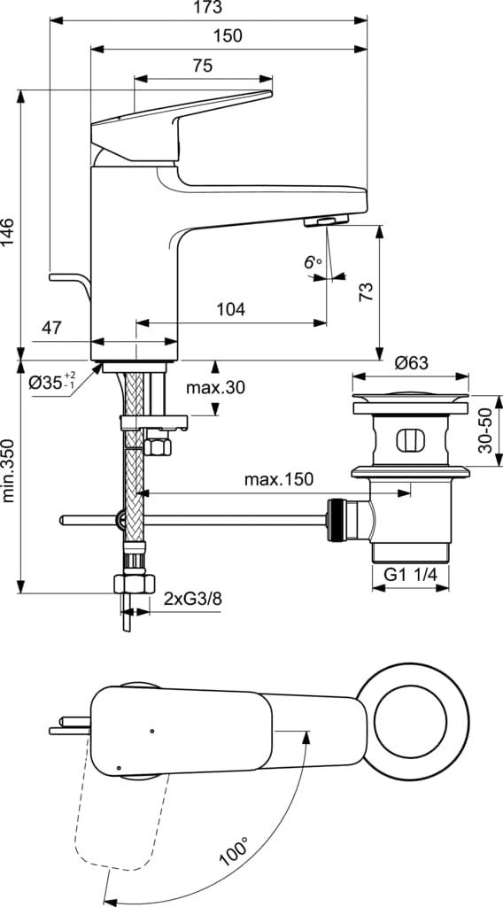 Ideal Standard BD215AA Ceraplan Waschtischarmatur mit Zugknopf-Ablaufgarnitur Auslaufhöhe 73mm BlueS