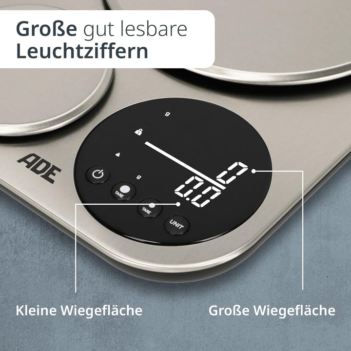 ADE Küchenwaage digital mit 2 Plattformen 5kg/1g & 500g/0,1g | duale Präzisionswaage auf 0,1g genau