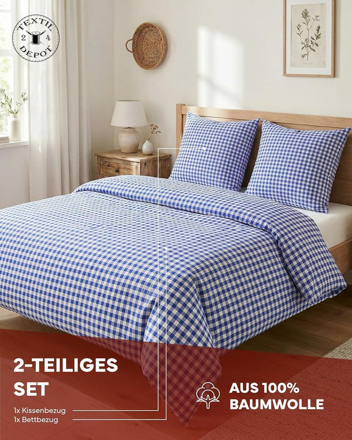 texpot Bettwäsche 155x220 + 80x80 Landhaus Karo blau kariert Baumwolle