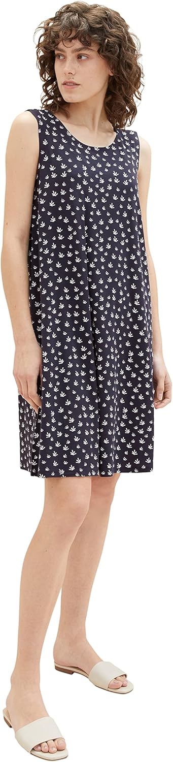 TOM TAILOR Damen Basic Jerseykleid, 32696 - Navy Abstract Leaf Design