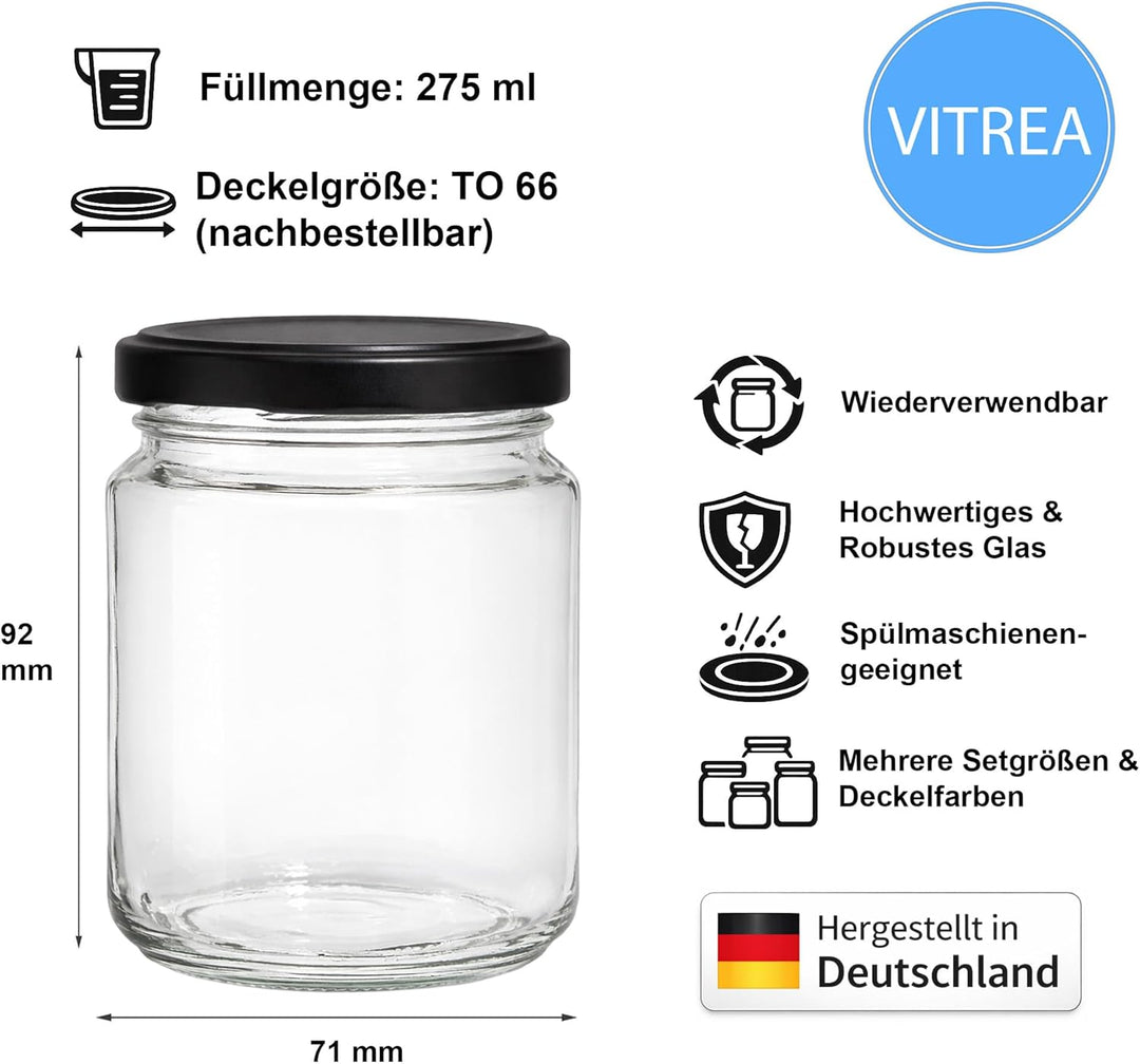 Vitrea 200x Marmeladengläser 275 ml - mit Deckel Schwarz TO 66 - Einmachgläser zum befüllen mit Schr