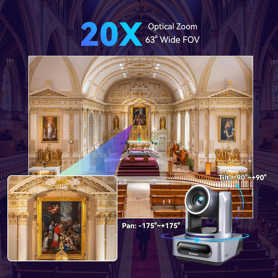 Tenveo NDI PTZ-Kamera mit KI-Humanoid- & Gesichts-Auto-Tracking, 20-fachem optischem Zoom, 3G-SDI/HD