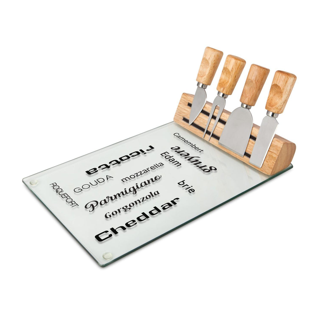 ROMINOX Geschenkartikel Käse-Set // Vetro – Pflegeleichtes Käsezubehör 5-teilig: Glasplatte, Holzkör