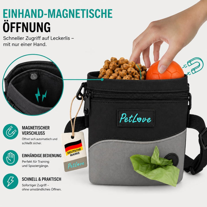 PetLove Leckerlibeutel für Hunde • Futterbeutel mit Magnetverschluss • Inklusive Kotbeutelspender &