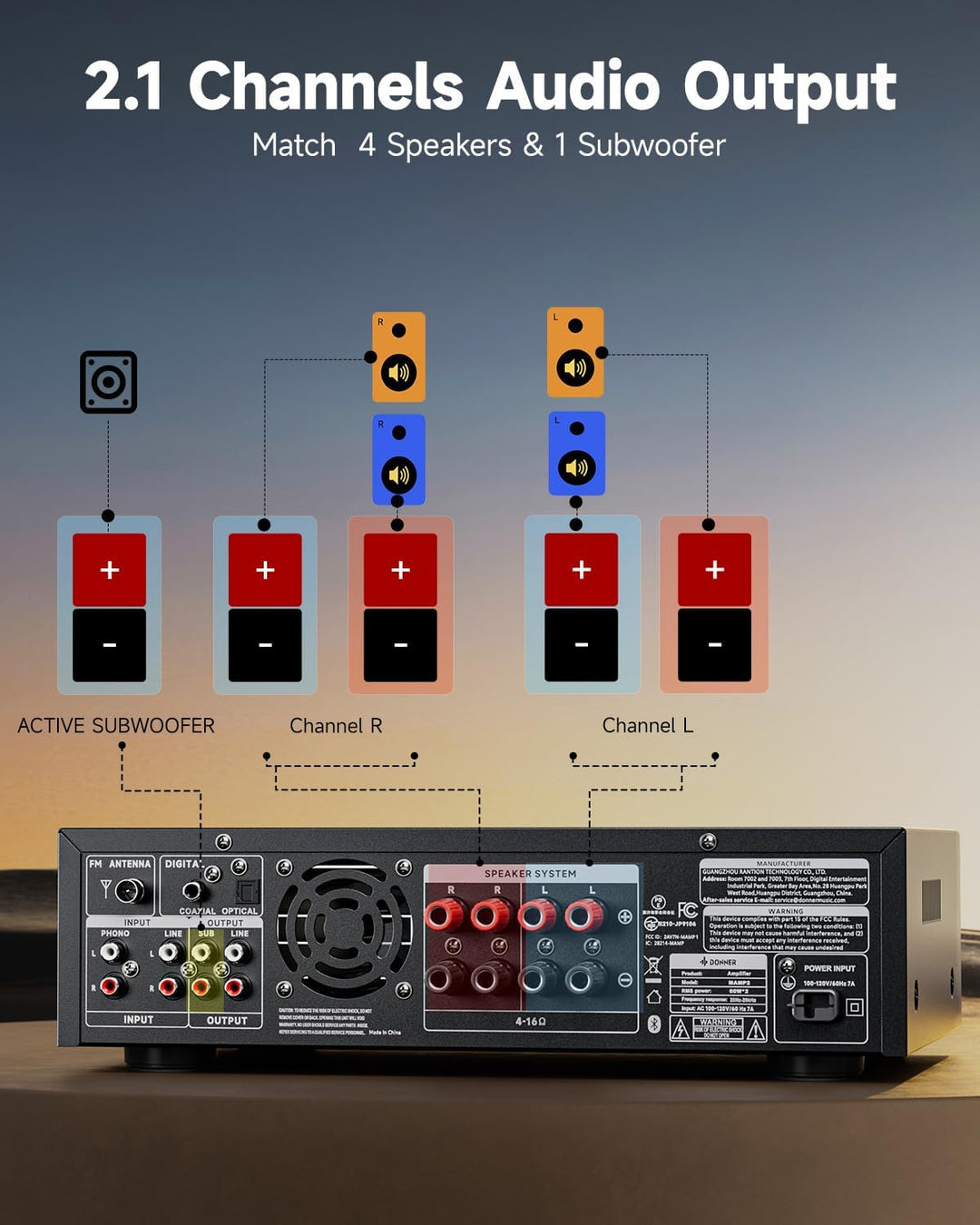 Donner Stereo Verstärker, 600 W Peak, 2-Kanal-Receiver mit Bluetooth 5.3, Phono, Optisch, Koaxial, U