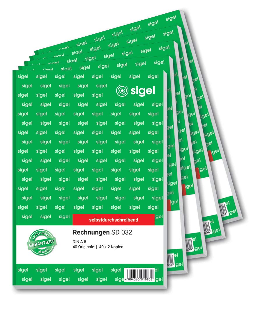 SIGEL SD032/5 Rechnungen, A5, 3x40 Blatt, selbstdurchschreibend, 5er Pack 5 Stück á 40 Blatt ohne Nu