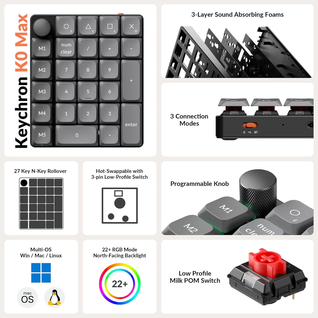 Keychron K0 Max Kabelloser Nummernblock, Low-Profile, programmierbar mit QMK/Launcher, 2,4 GHz & Blu