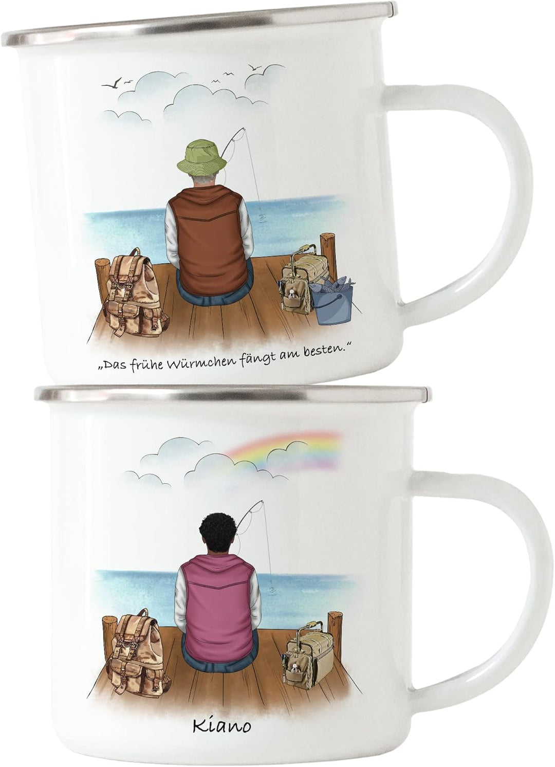 Angler Emaille Tasse Personalisiert Individuell mit Name Angeln Fischen Geschenk Opa Vater zum Vater