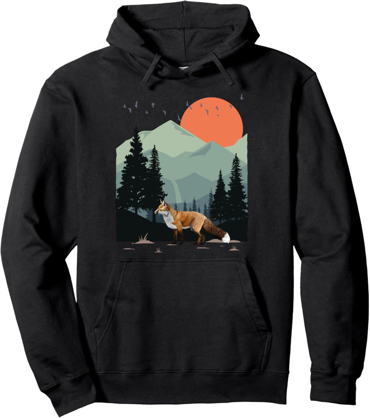 Mountain sky Sunset Pine Tree Bird flying Red Standing Fox Pullover Hoodie