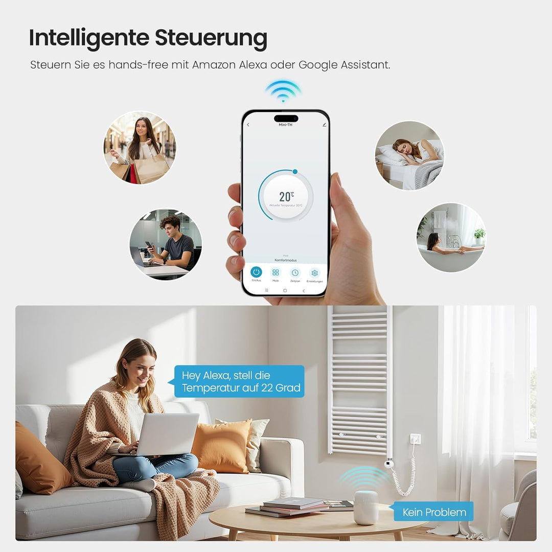 Heilmetz Badheizkörper Elektrisch mit Smart WiFi Heizstab 500W Leistung 1400 x 400 mm Weiss Gerade B