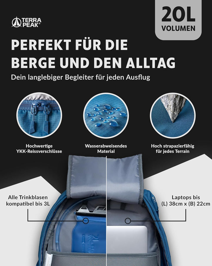 Terra Peak® Premium Wanderrucksack 20L (FLEX 20) klein mit Rückenbelüftung, Regenschutz & Trinksyste