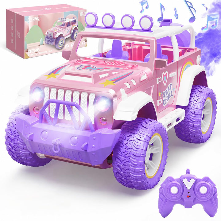 DEERC Pink Ferngesteuertes Auto für Mädchen mit Nebel und Musik, 1:16 RC Auto mit LED-Lichtern für K