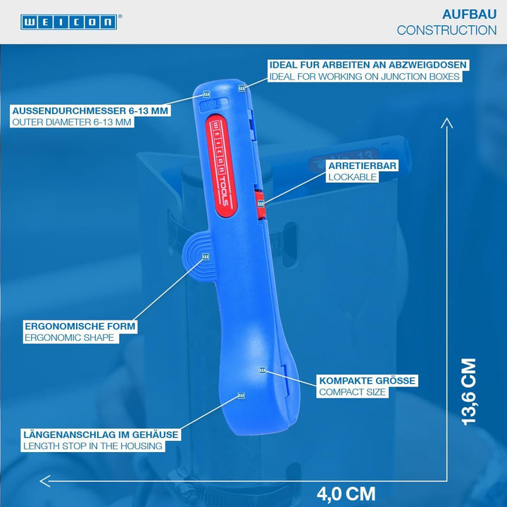 WEICON TOOLS Rundkabel-Stripper No. 13; Entmanteler für Rund- und Feuchtraumkabel von 6-13 mm Ø; Abm