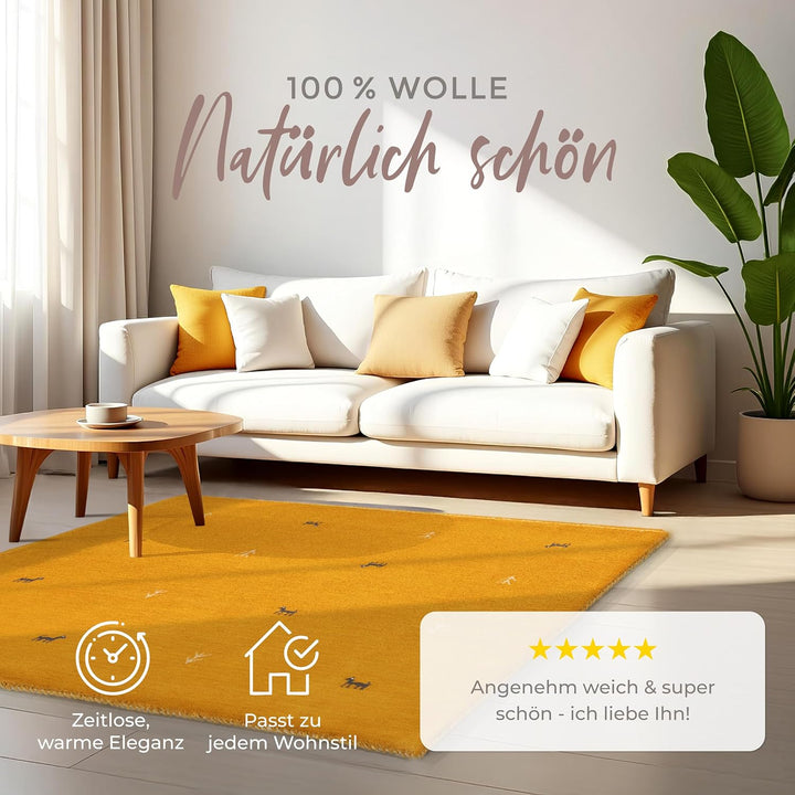 carpetfine Wollteppich Gabbeh Uni Quadratisch Gelb 60x60 cm | Moderner Teppich für Wohn- und Schlafz