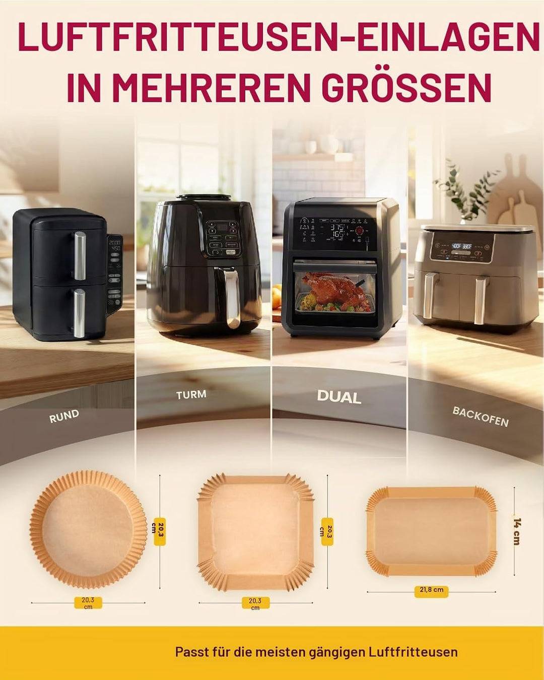Katbite 220 Stück Backpapier für Heissluftfritteuse mit Doppelkammer, 20.5x14cm Airfryer Papier Line