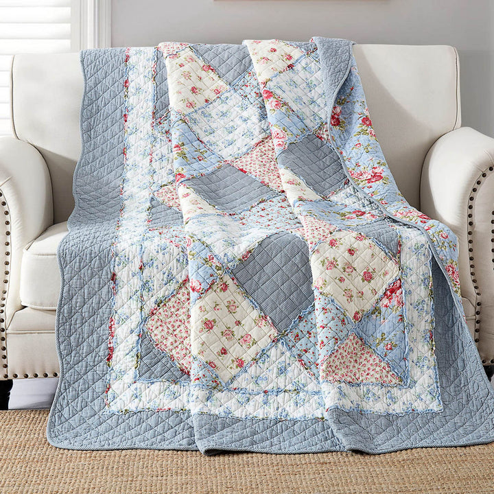 VIVILINEN Blaue Baumwolle Patchwork Quilt Gesteppte Tagesdecke Überwurf Decke für Couch Twin Grösse