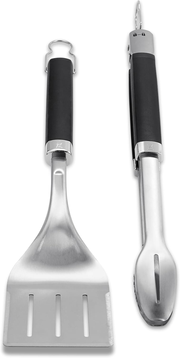 Weber 6763 Precision Grill Tongs & Spatula Set Premium Grillbesteck-2-teilig, Schwarz/Silber & 17688
