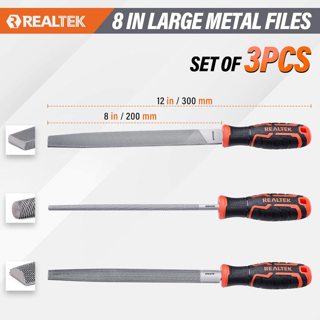 REALTEK Feilenset Metall 3tlg. inkl. Flachstumpfeile, Halbrundfeile, Rundfeile, 200mm, Metallfeile m