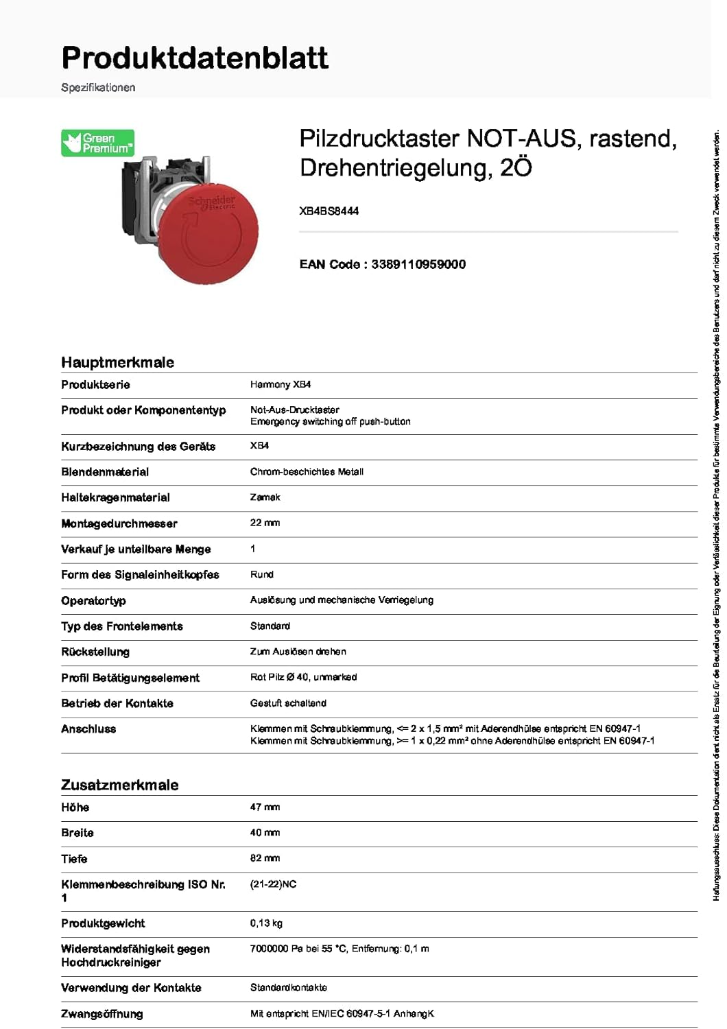 Schneider Electric | XB4BS8444 - Not-Aus Taster, Pilztaster rastend, 600V, Drehentriegelung, 2Ö Zum
