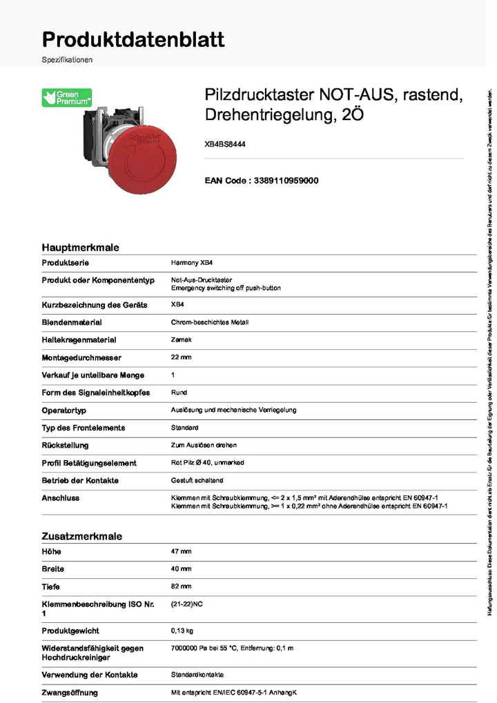 Schneider Electric | XB4BS8444 - Not-Aus Taster, Pilztaster rastend, 600V, Drehentriegelung, 2Ö Zum