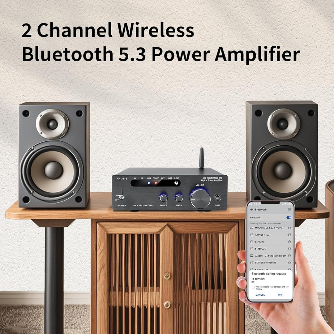 Hifi-Verstärker, 2000W Mini hifi Verstärker, 2.0-Kanal 100W*2 Bluetooth 5.3 TPA3116 Stereo-Audiovers