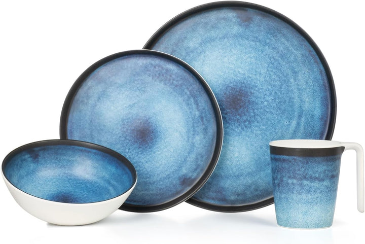 Melamin Camping Geschirr Set 4 Personen Deep Ocean + 4 Timo Rotwein Gläser Rot Weingläser Tafelgesch