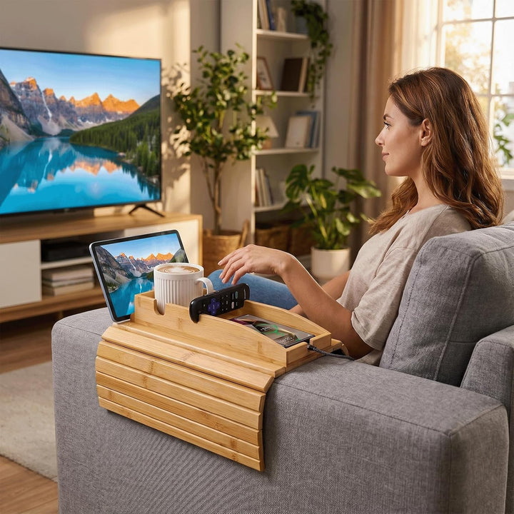 Sofatablett 2-in-1, Bambus Sofa Armlehnen Tablett mit Getränkehalter und Tablet Ständer, Faltbarer C