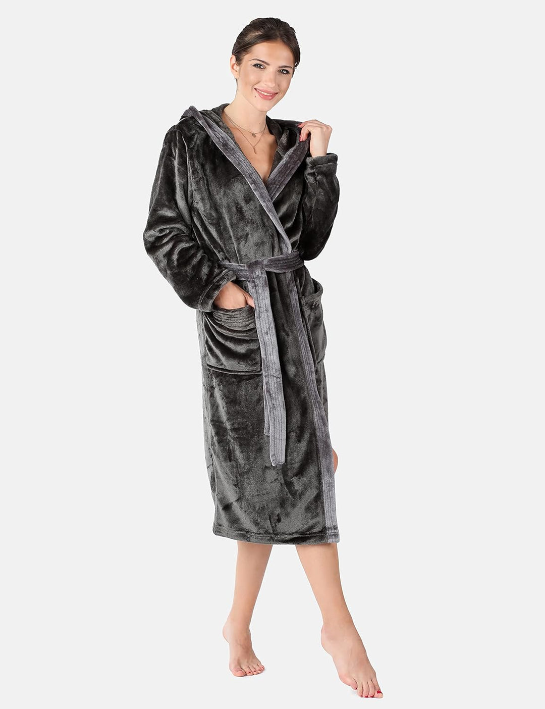 Bellivalini Damen Bademantel lang mit Kapuze und Gürtel BLV50-168 M Graphit/Grau, M Graphit/Grau